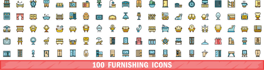 Poster - 100 furnishing icons set. Color line set of furnishing vector icons thin line color flat on white