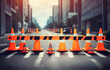 Road signs on barriers with traffic cones indicate the reconstruction or rebuilding process
