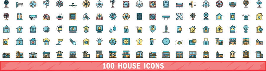 Poster - 100 house icons set. Color line set of house vector icons thin line color flat on white