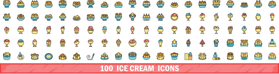 Sticker - 100 ice cream icons set. Color line set of ice cream vector icons thin line color flat on white