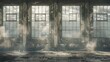 An abandoned factory building, its windows boarded up, dust motes swirling in the air through broken cracks.