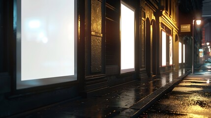 Blank white posters in the window on night empty city street mock up 3D Render : Generative AI