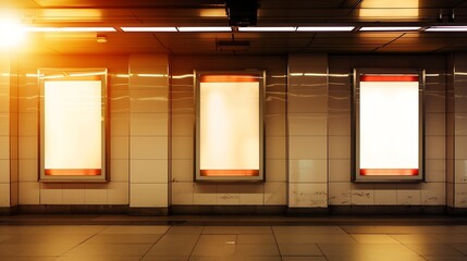 Wall Mural - three big vertical poster on metro station : Generative AI