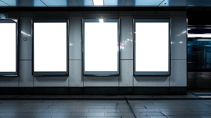 Aufkleber - Front view of three empty white billboard screens at the metro station Mock up Blank advertising billboards in the subway : Generative AI