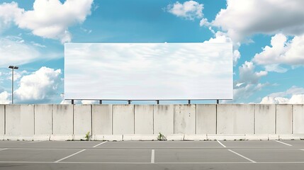 Aufkleber - Long white empty vinyl banner fixed on concrete fence at parking lot on city street under blue sky with huge clouds : Generative AI