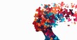 Alzheimer, dementia, epilepsy and autism concept. Neurological disease with memory loss and confused mind. Silhouette of a human head made of colorful jigsaw puzzle pieces. Mental health awareness.