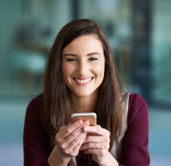 Business, smartphone and happy woman in portrait, text message or browsing for online social media. Connection, internet networking and communication, smile for notification with company application