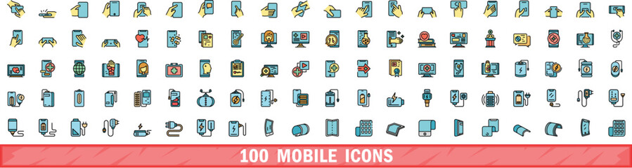 Sticker - 100 mobile icons set. Color line set of mobile vector icons thin line color flat on white