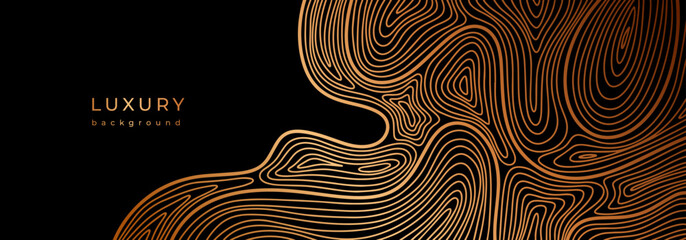 Banner with line topography map. Luxury banner with wave pattern. Flowing liquid texture. Wavy golden design. Bronze curves. Black background with gold lines. Geometric rippled surface.
