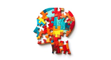 Wall Mural - Alzheimer, dementia, epilepsy and autism concept. Neurological disease with memory loss and confused mind. Silhouette of a human head made of colorful jigsaw puzzle pieces. Mental health awareness.