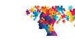 © Simon - Alzheimer, dementia, epilepsy and autism concept. Neurological disease with memory loss and confused mind. Silhouette of a human head made of colorful jigsaw puzzle pieces. Mental health awareness.