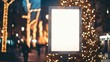 Blank white mock up vertical billboard street poster on a Christmas illumination city background : Generative AI