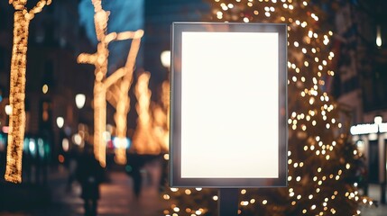 Aufkleber - Blank white mock up vertical billboard street poster on a Christmas illumination city background : Generative AI