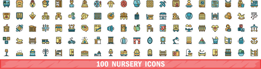 Poster - 100 nursery icons set. Color line set of nursery vector icons thin line color flat on white