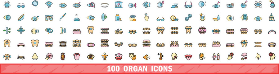 Poster - 100 organ icons set. Color line set of organ vector icons thin line color flat on white