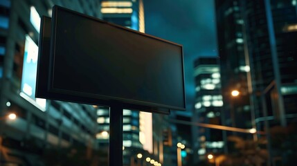 Poster - Blank black horizontal billboard on cityscape background at night perspective view Mockup advertising concept : Generative AI