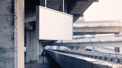 Aufkleber - Long white empty signboard hanging on concrete urban bridge for commercial information and advertise message : Generative AI