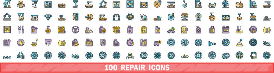 Poster - 100 repair icons set. Color line set of repair vector icons thin line color flat on white