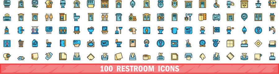 Poster - 100 restroom icons set. Color line set of restroom vector icons thin line color flat on white