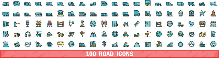 Poster - 100 road icons set. color line set of road vector icons thin line color flat on white