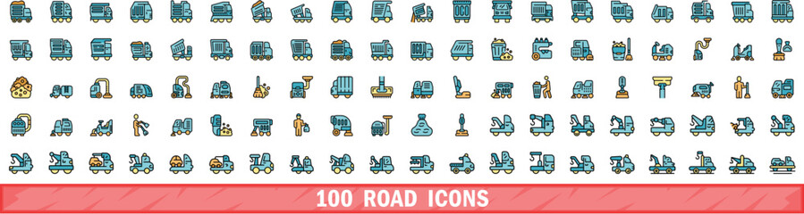 Poster - 100 road icons set. Color line set of road vector icons thin line color flat on white
