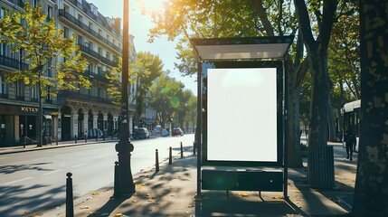 Poster - Blank bus stop billboard Mockup in empty street in Paris Parisian style hoarding advertisement close to a park in beautiful city : Generative AI