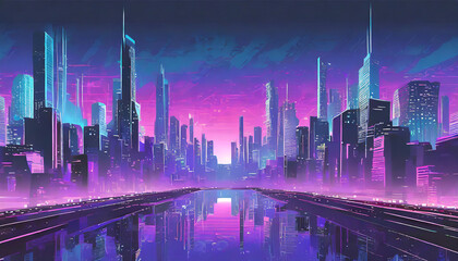 night futuristic skyline blue and pink synthwave style with buildings and water reflection