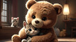 Brown teddy bear and a baby cat
