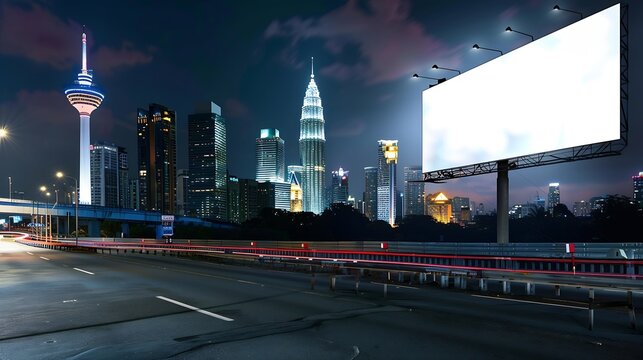 Blank white road billboard with KL cityscape background at night time Street advertising poster mock up 3D rendering Front view The concept of marketing communication to promote or sel : Generative AI