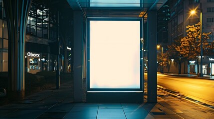 Poster - Blank white mock up of vertical light box in a bus stop at night : Generative AI