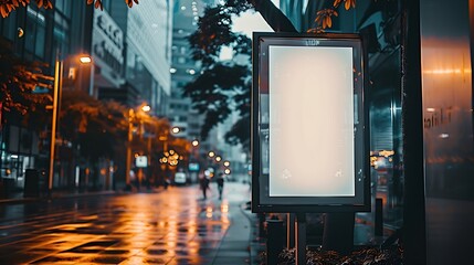 Poster - Blank mock up of vertical street poster billboard on city background Electronic modern empty scoreboard on the background of a city street in the evening copy space : Generative AI
