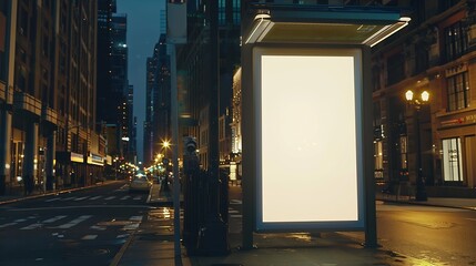 Vertical blank white billboard mockup for advertising Bus stop at New York city buildings and street background : Generative AI