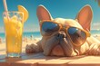 A French Bulldog wearing sunglasses with a cool expression, sitting at a beach bar table at a summer hotel resort, holding a cocktail drink and straw
