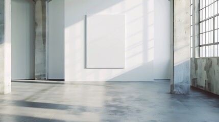 Aufkleber - Blank poster in light modern loft gallery with big windows and concrete floor mock up 3D Render : Generative AI