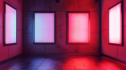 Leinwandbilder - Three movie poster frames along the walkway in modern interior design for movie theater : Generative AI