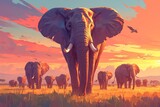 Fototapeta  - A herd of elephants walking towards the camera against an orange sunset sky. 