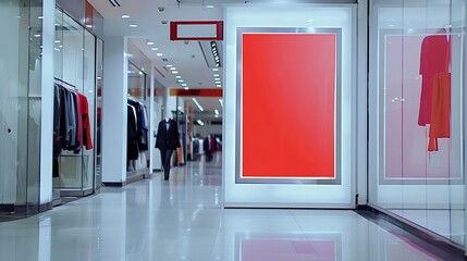 Poster - red blank sign inside shopping mall mock up advertise display frame setting over the clothes line in the shopping department store for shopping business fashion and advertisement conce : Generative AI