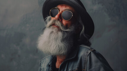 Photo of an old man with a long gray beard and sunglasses wearing a hat, standing fashionably dressed against a gray background, posted