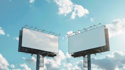 Aufkleber - Two blank white billboards or large displays on tower and clouds against blue sky  mock up image Mockup isolated white screen background consumerism advertising template copyspace conc : Generative AI
