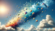 A colorful kite is flying high in the sky, with a bright blue sky behind it. The kite is surrounded by a cloud of colorful smoke, giving the image a sense of motion and excitement