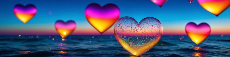 Wall Mural - Abstract midsummer colorful illustration transparent heart shaped soap bubbles flying on sea sunset background. Background for banner, poster, website header, space for text.	