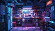 Capture a futuristic, rear-facing kitchen with a pixel art style Employ imaginative lighting techniques to emphasize the contrast between the vibrant pixelated ingredients and the dark, dystopian sett