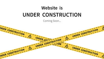 Website in under construction banner. Web page building image with text and yellow tape. Modern vector on transparent background.