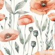 Elegant Watercolor Poppies and Foliage Seamless Pattern Design
