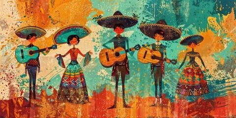 Happy Cinco de Mayo fiesta background. Mexican musicians and dancers with traditional attire, sombreros and guitars folk illustration. Festive Hispanic heritage month festival banner or event flyer