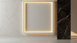 A direct view of a simple white wall art white blank frame, template for adding content, complementing a dual-tone light beige and Black marble wall.