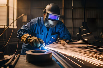 Male in face mask welds with argon arc welding.