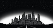 Glowing night city against starry sky background. Monochrome vector background template