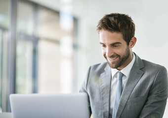 Aufkleber - Businessman, video call and laptop in office with smile for networking, virtual discussion and meeting. Human Resources, employee and person with technology for online training, hiring and onboarding