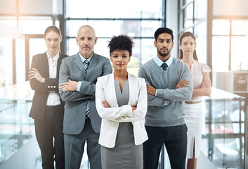 Poster - Office, team and portrait of business people with arms crossed for leadership, collaboration and pride. Diversity, company and serious employee with confidence for career, commitment and partnership